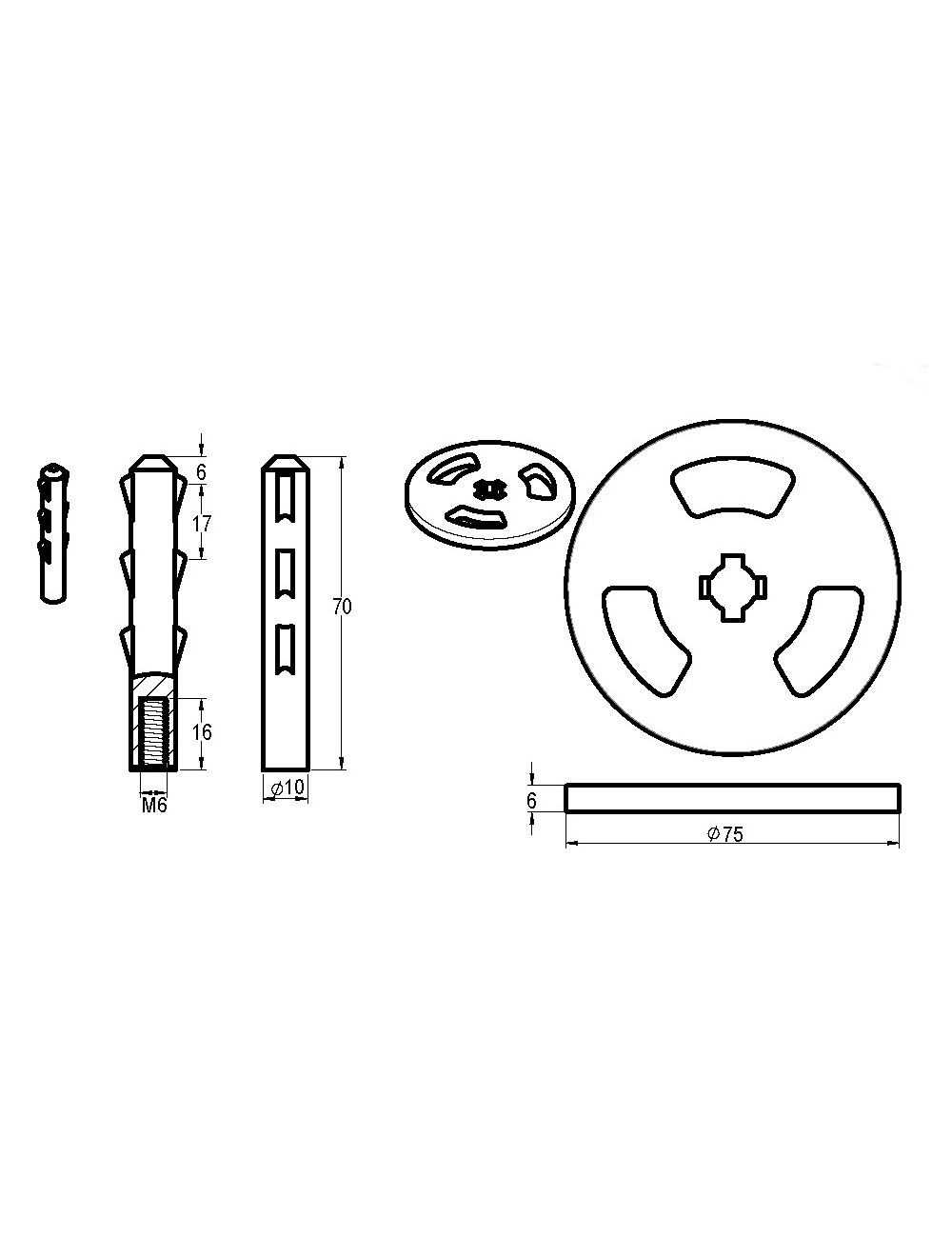 SET RONDELLE Ø 75 MM + AXE ERGOTS L 70 MM POUR TIGE INOX M6