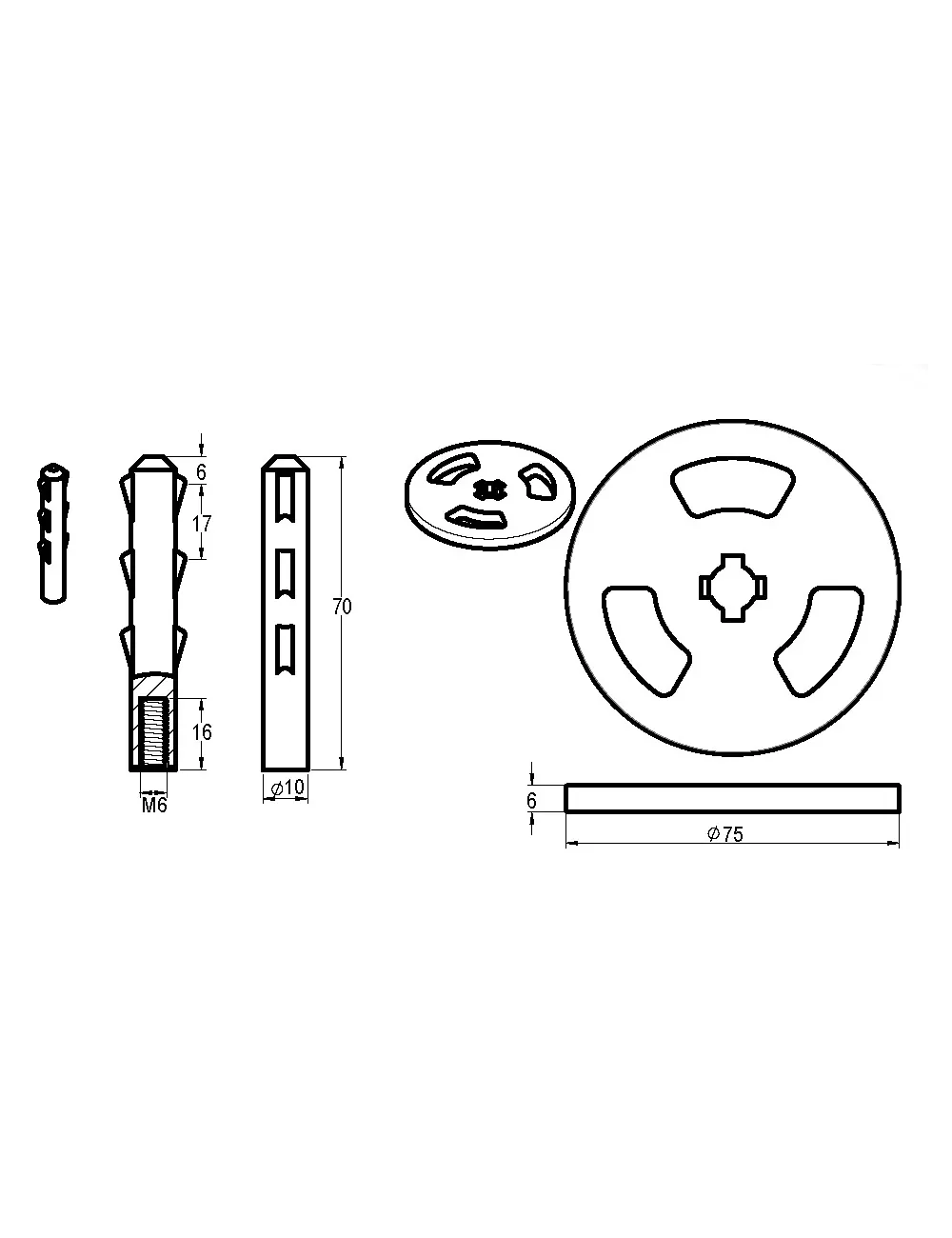 SET RONDELLE Ø 75 MM + AXE ERGOTS L 70 MM POUR TIGE INOX M6