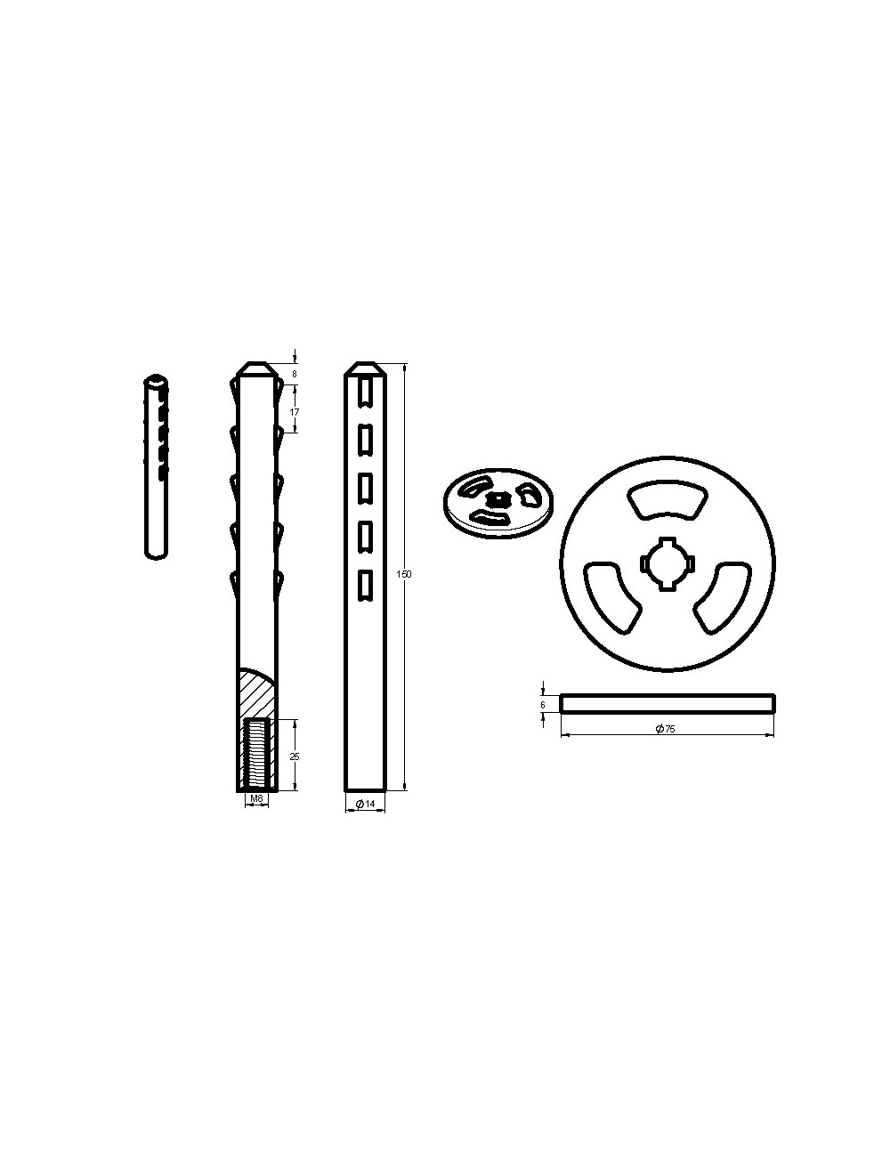 SET RONDELLE Ø 75 MM + AXE ERGOTS L 150 MM POUR TIGE INOX M8