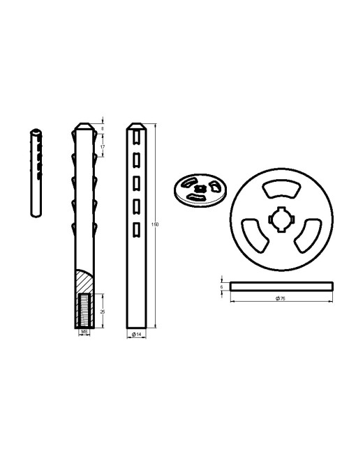 SET RONDELLE Ø 75 MM + AXE ERGOTS L 150 MM POUR TIGE INOX M8