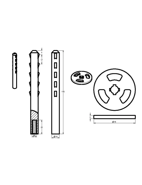 SET RONDELLE Ø 75 MM + AXE ERGOTS L 150 MM POUR TIGE INOX M8
